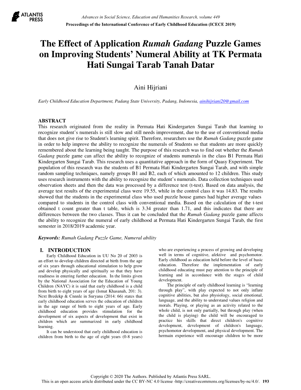 The Effect of Application Rumah Gadang Puzzle Games on Improving Students’ Numeral Ability at TK Permata Hati Sungai Tarab Tanah Datar