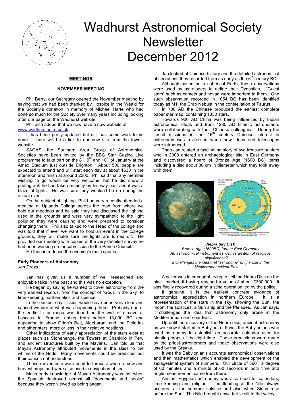 Wadhurst Astronomical Society Newsletter December 2012