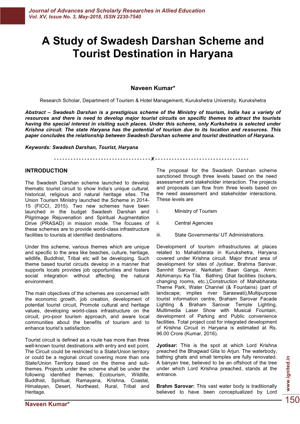 A Study of Swadesh Darshan Scheme and Tourist Destination in Haryana