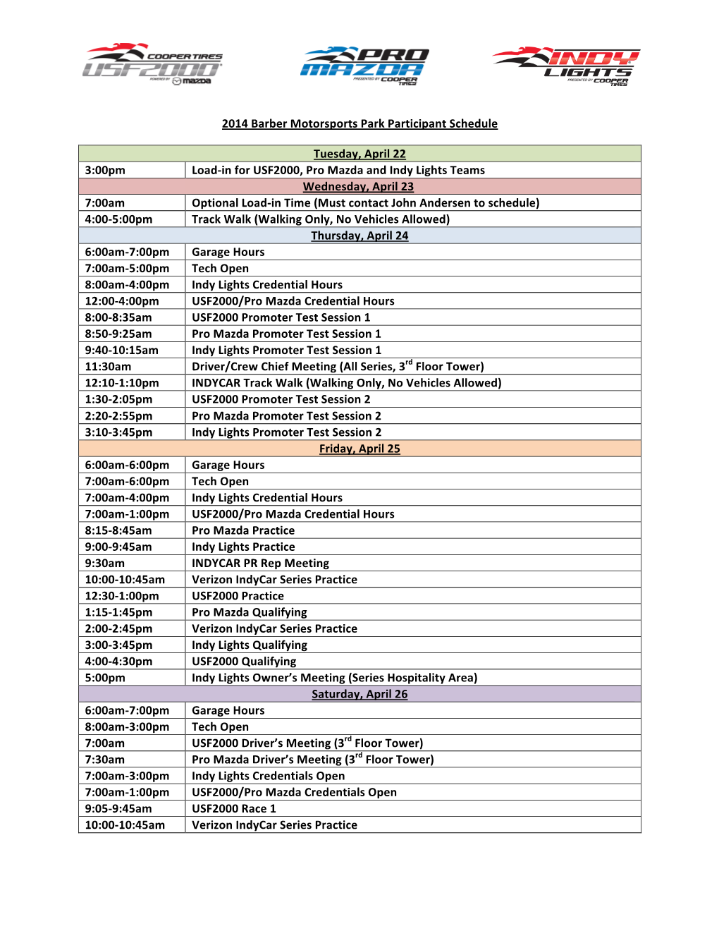 2014 Barber Motorsports Park Participant Schedule