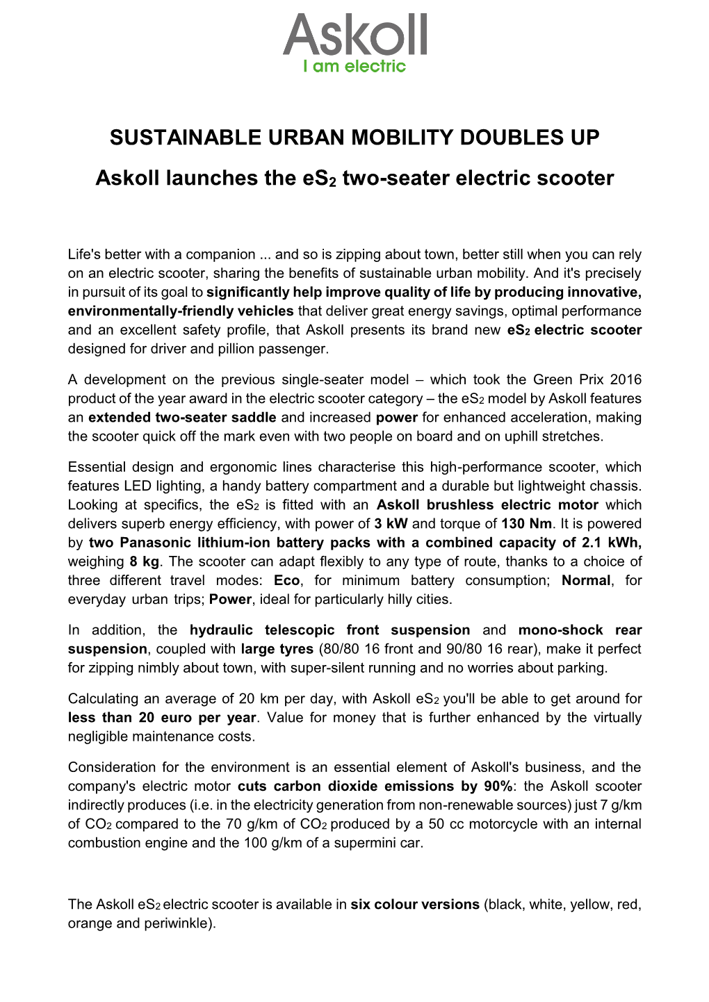 SUSTAINABLE URBAN MOBILITY DOUBLES up Askoll Launches The