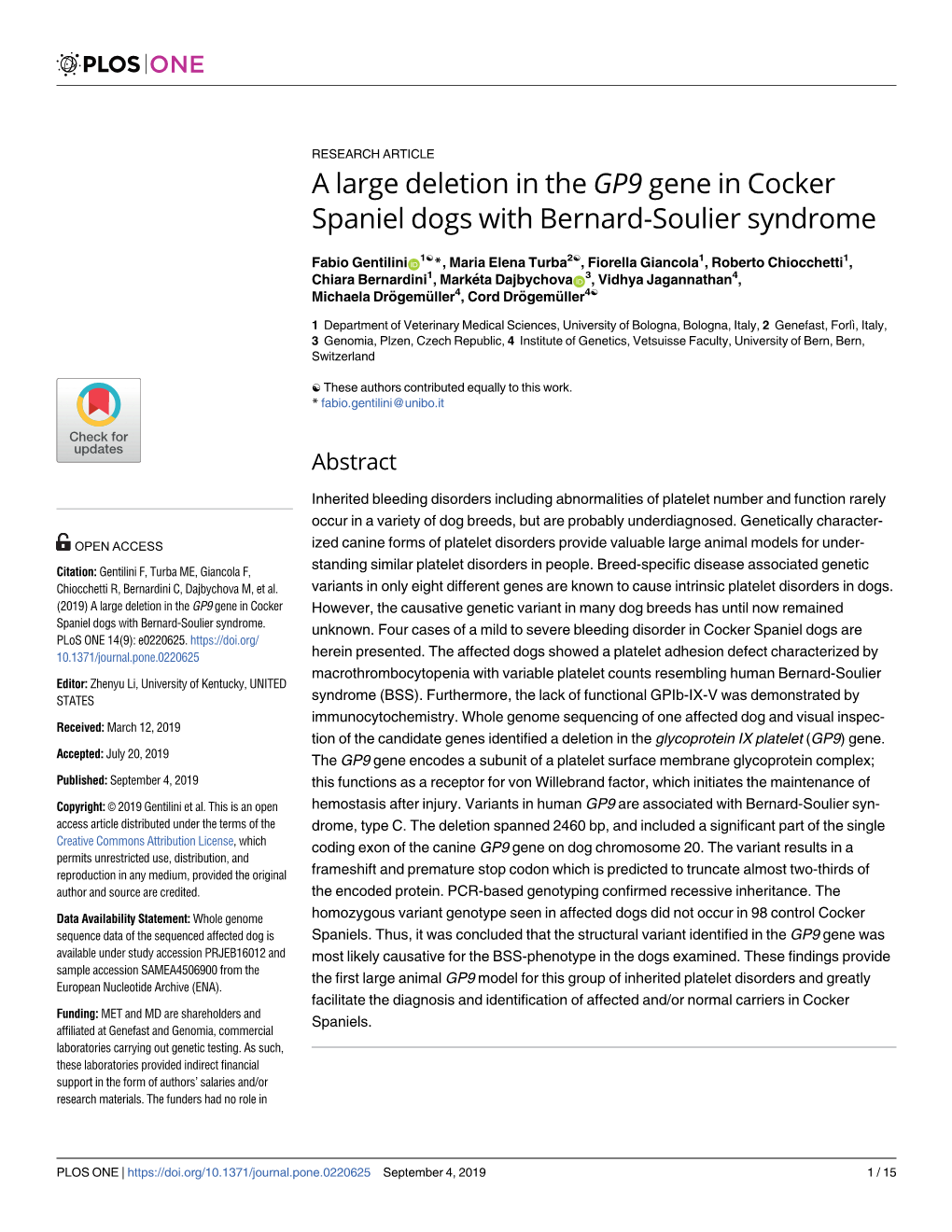 A Large Deletion in the GP9 Gene in Cocker Spaniel Dogs with Bernard-Soulier Syndrome