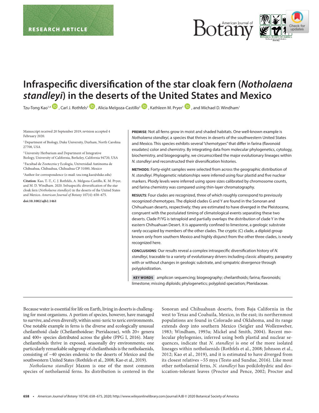 (Notholaena Standleyi) in the Deserts of the United States and Mexico