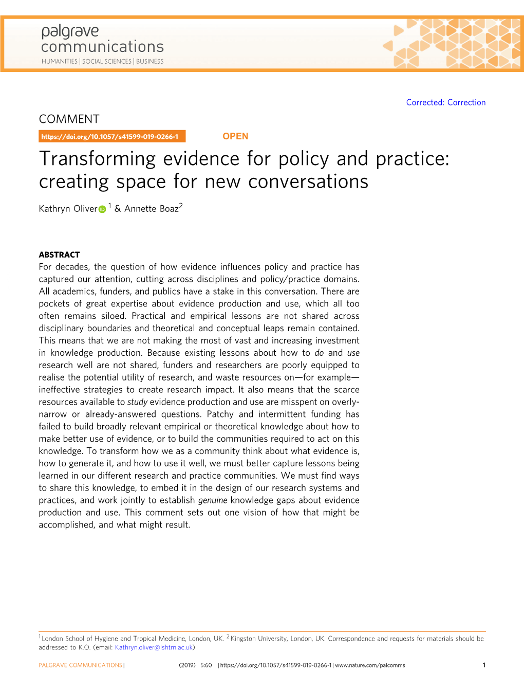 Transforming Evidence for Policy and Practice: Creating Space for New Conversations