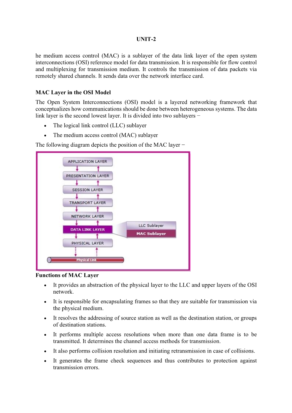 UNIT-2 He Medium Access Control (MAC) Is a Sublayer of the Data Link Layer of the Open System Interconnections (OSI) Reference Model for Data Transmission