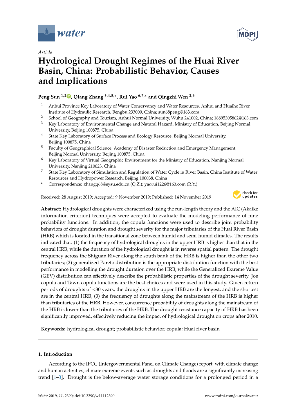 Hydrological Drought Regimes of the Huai River Basin, China: Probabilistic Behavior, Causes and Implications