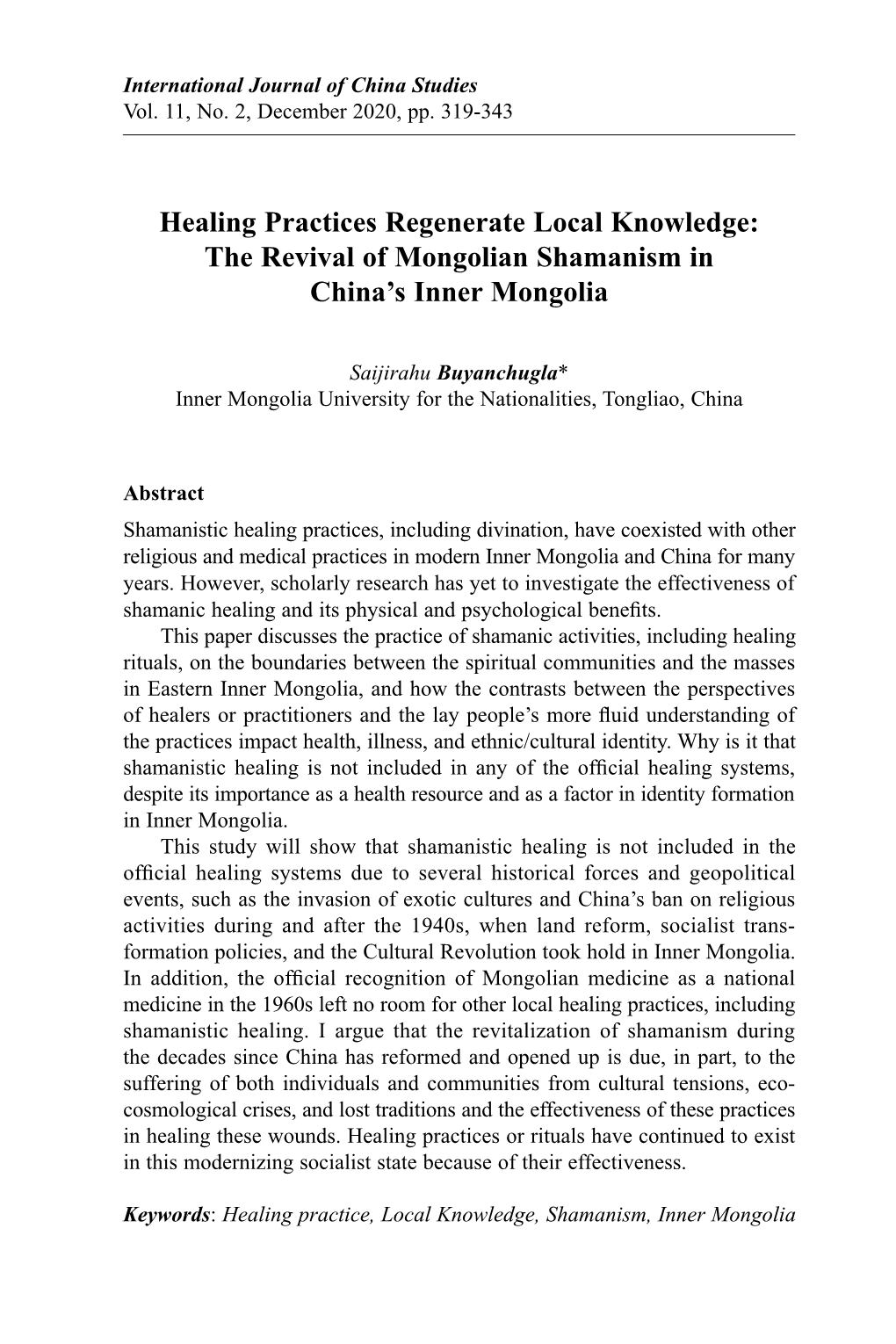 The Revival of Mongolian Shamanism in China’S Inner Mongolia