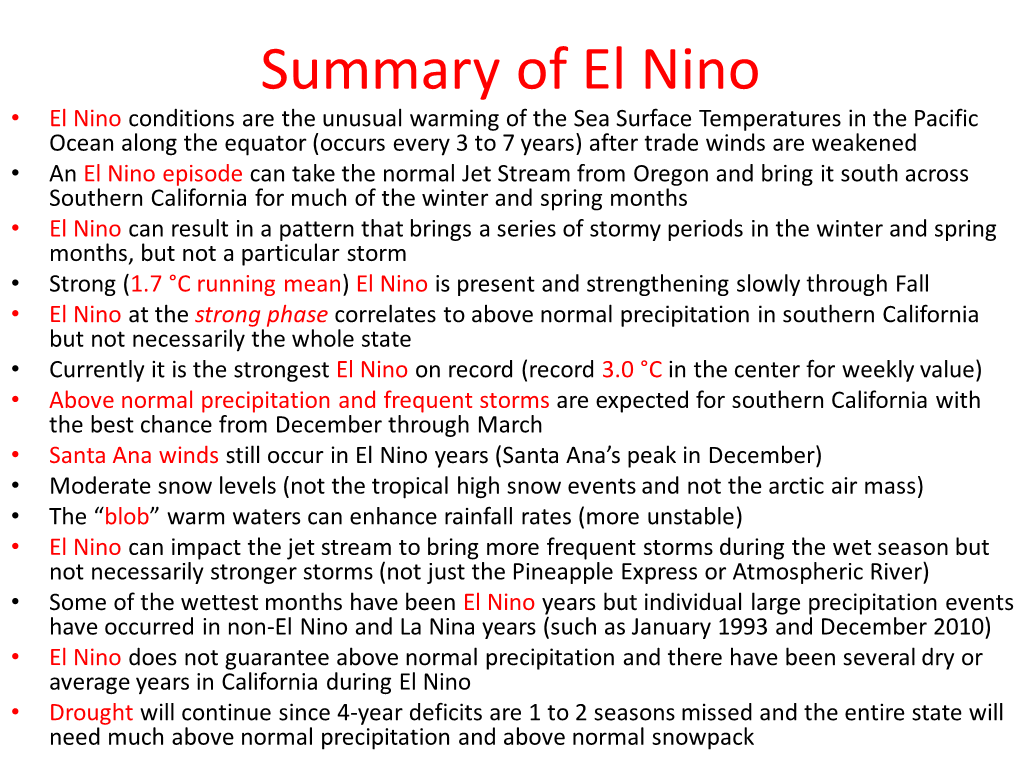Summary of El Nino