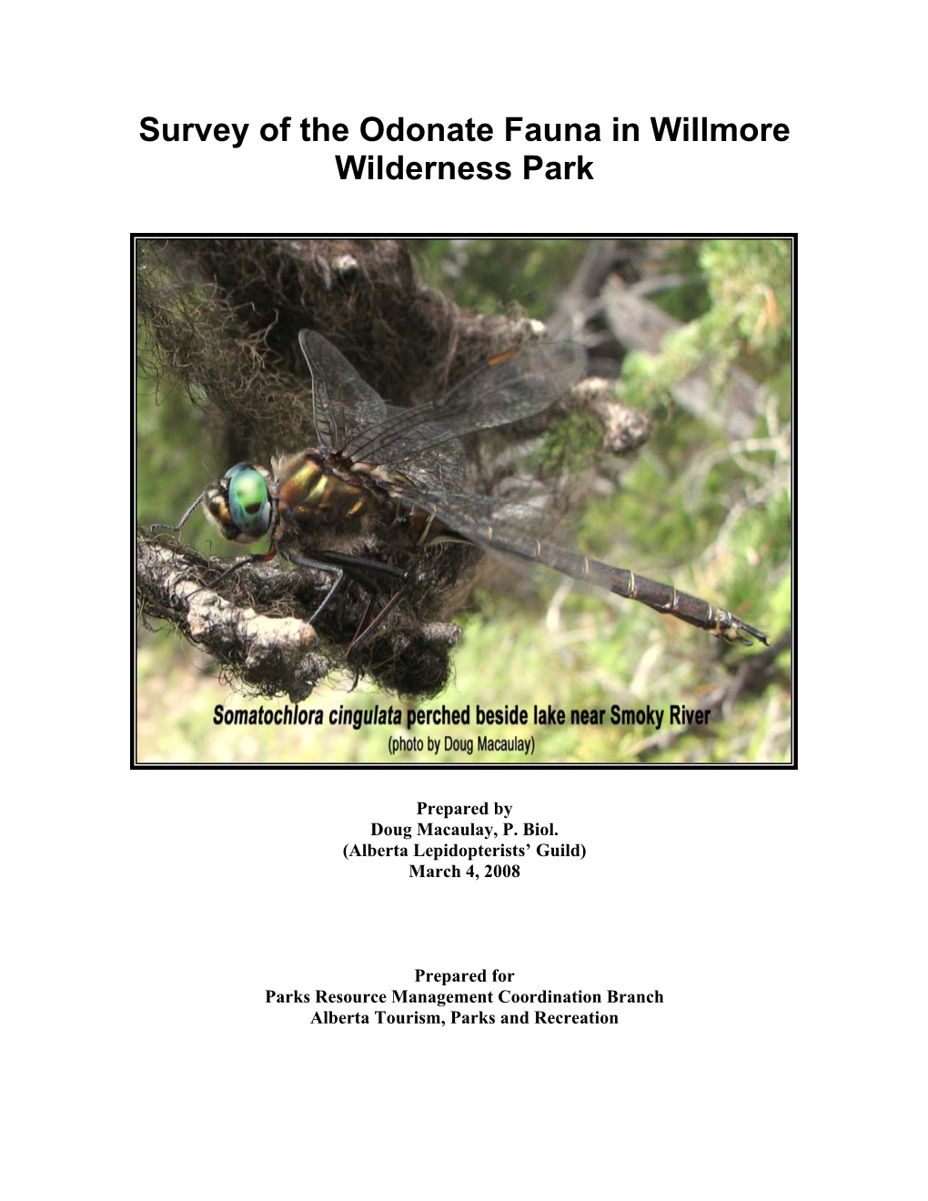 Survey of the Odonate Fauna in Willmore Wilderness Park