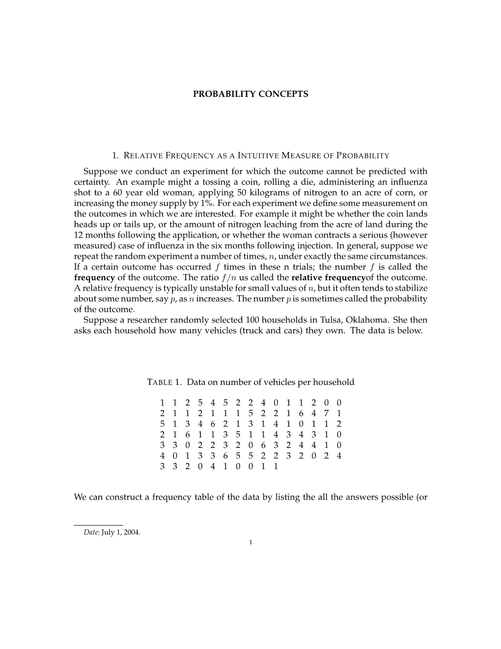 PROBABILITY CONCEPTS Suppose We Conduct an Experiment for Which