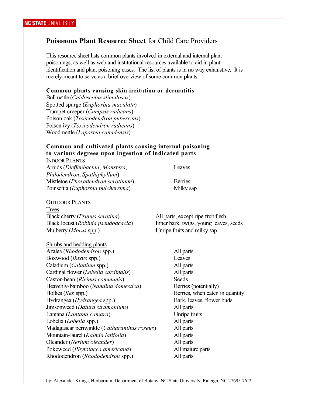 Poisonous Plant Resource Sheet for Child Care Providers