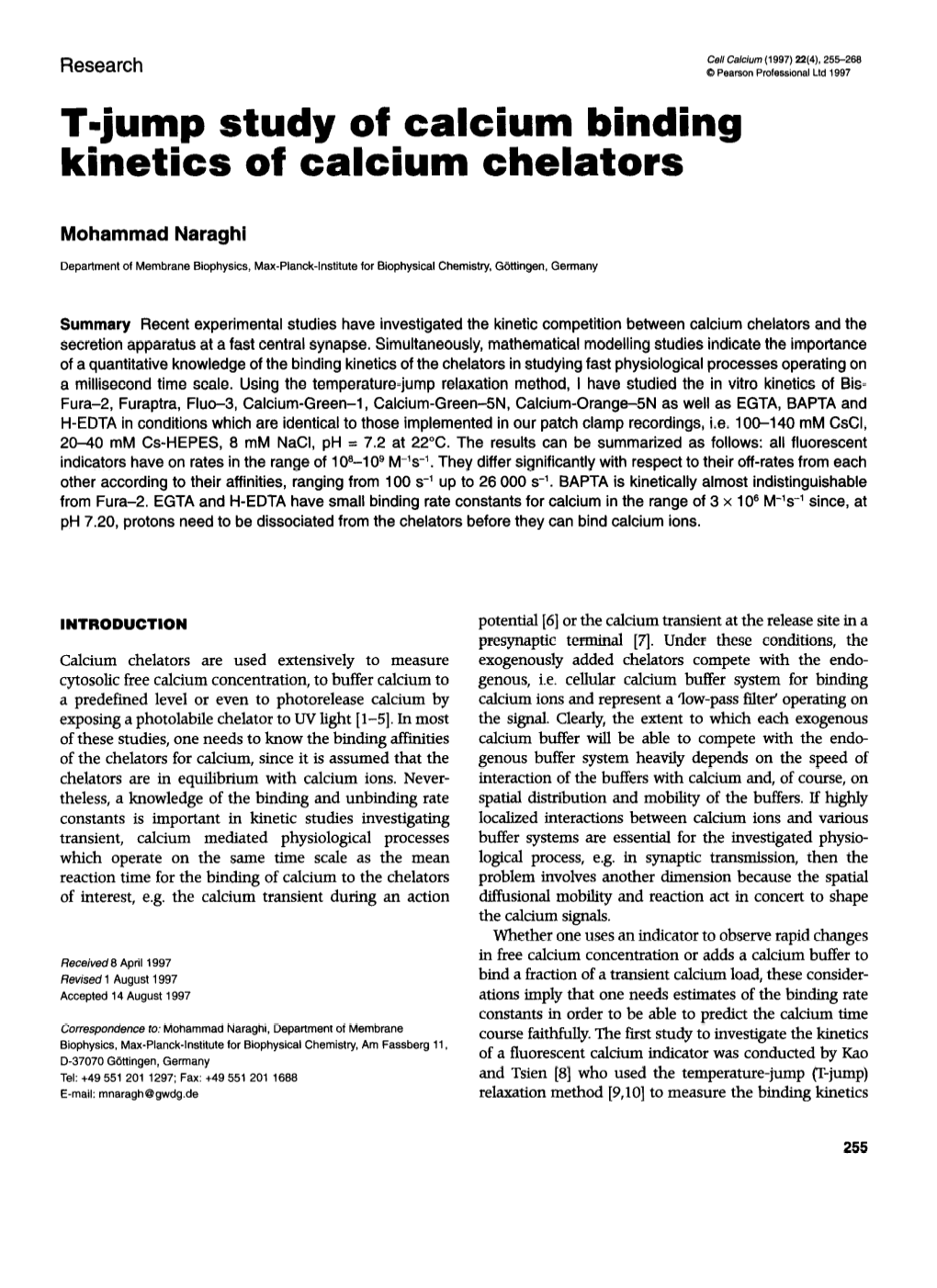 T-Jump Study of Calcium Binding Kinetics of Calcium Chelators