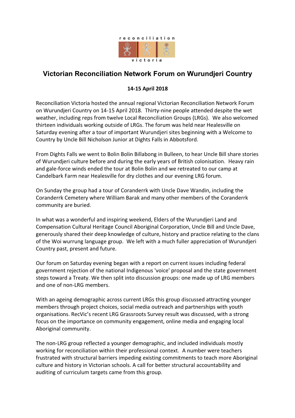 Victorian Reconciliation Network Forum on Wurundjeri Country