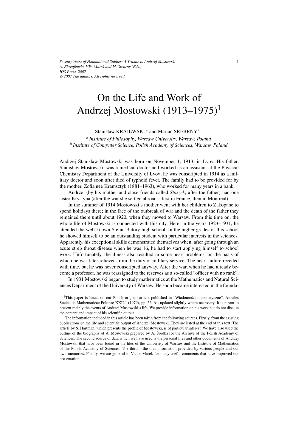 On the Life and Work of Andrzej Mostowski (1913–1975)1