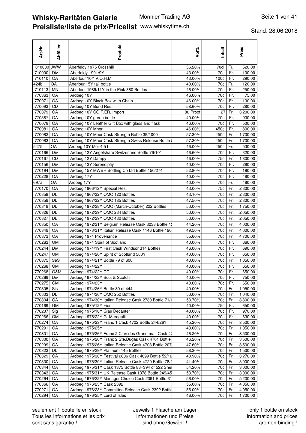 Whisky-Raritäten Galerie Preisliste/Liste De Prix/Pricelist