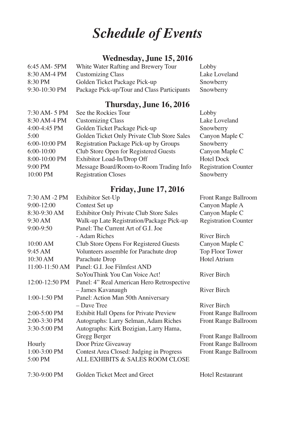 Schedule of Events