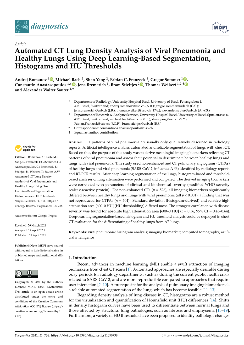 Automated CT Lung Density Analysis of Viral Pneumonia and Healthy Lungs Using Deep Learning-Based Segmentation, Histograms and HU Thresholds