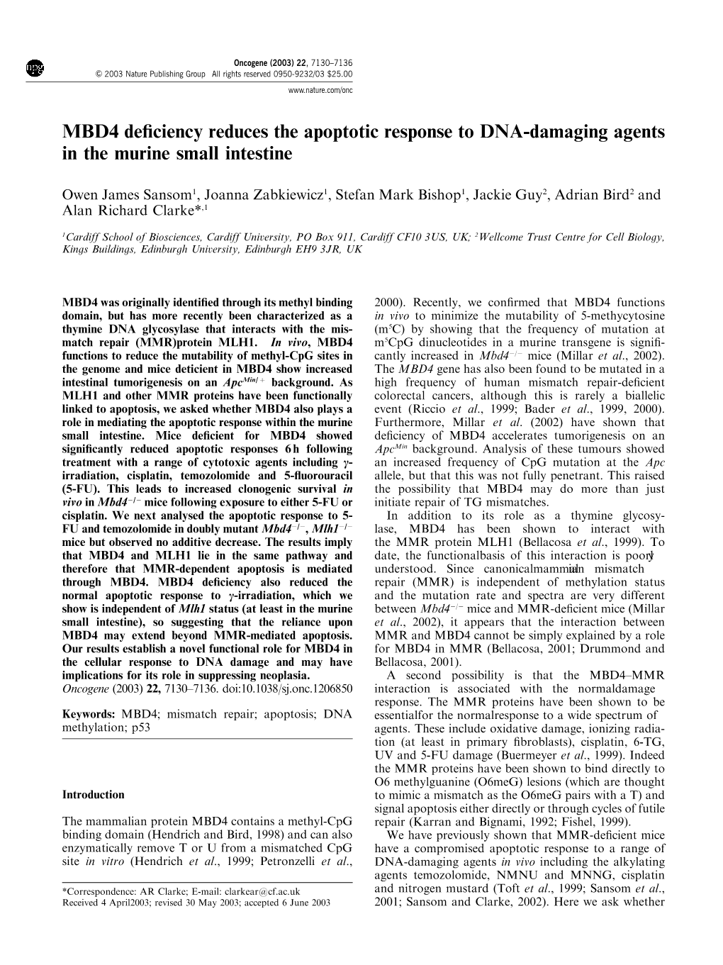 MBD4 Deficiency Reduces the Apoptotic Response to DNA