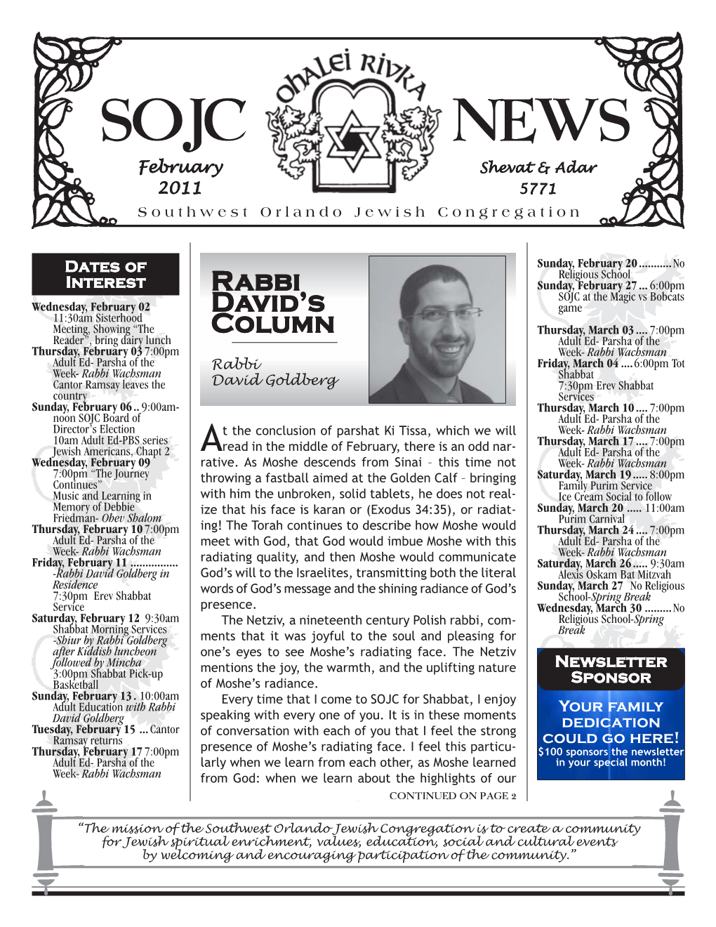 SOJC NEWS 1 SOJC NEWS February Shevat & Adar 2011 5771 Southwest Orlando Jewish Congregation
