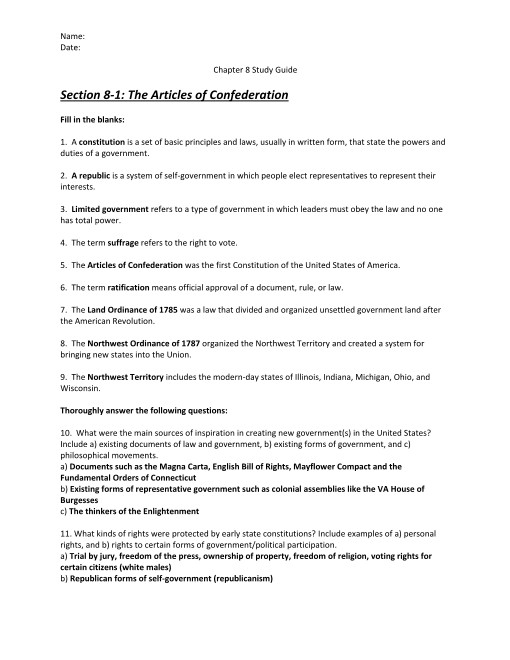 Section 8-1: the Articles of Confederation