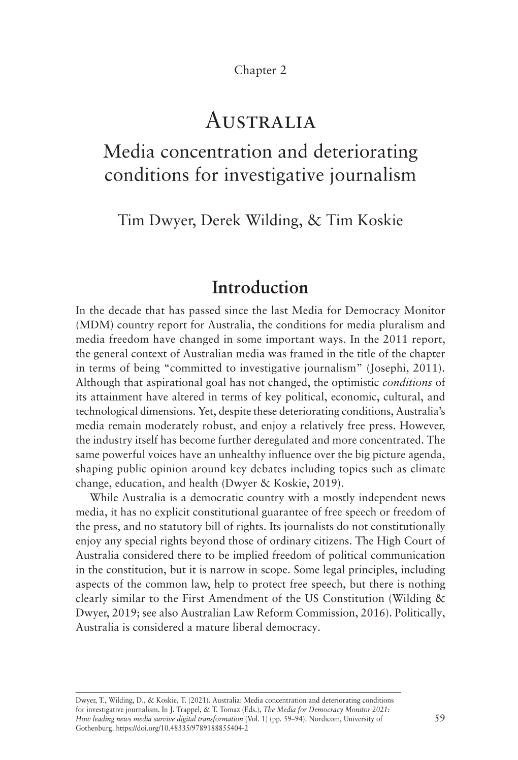 Chapter 2. Australia: Media Concentration and Deteriotating