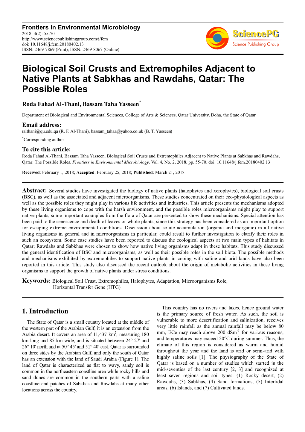 Biological Soil Crusts and Extremophiles Adjacent to Native Plants at Sabkhas and Rawdahs, Qatar: the Possible Roles