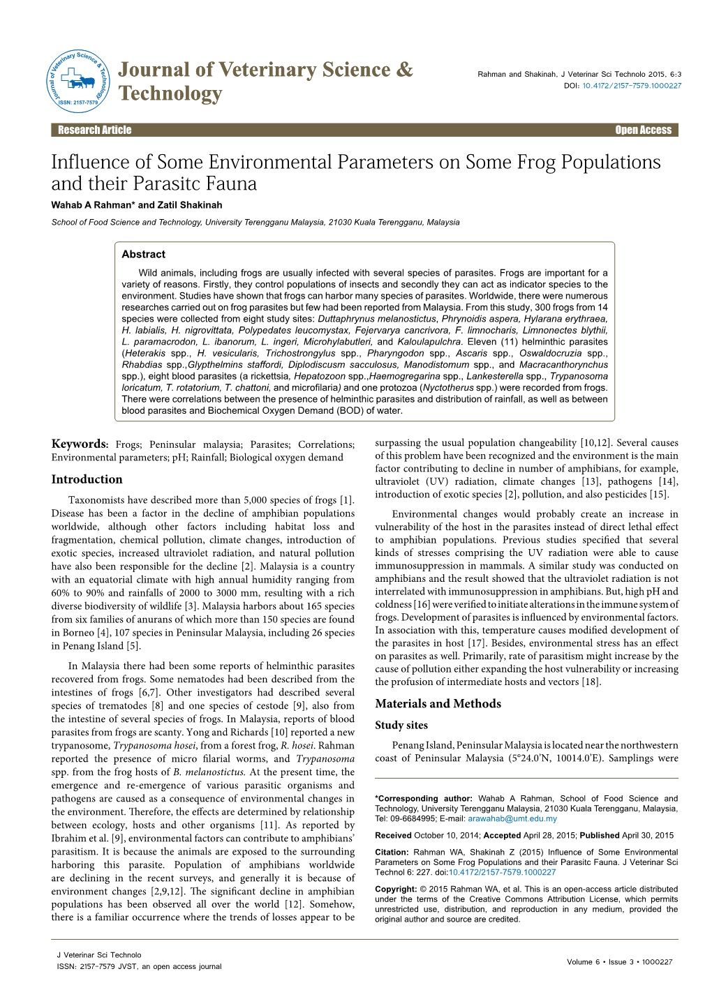 Influence of Some Environmental Parameters on Some Frog