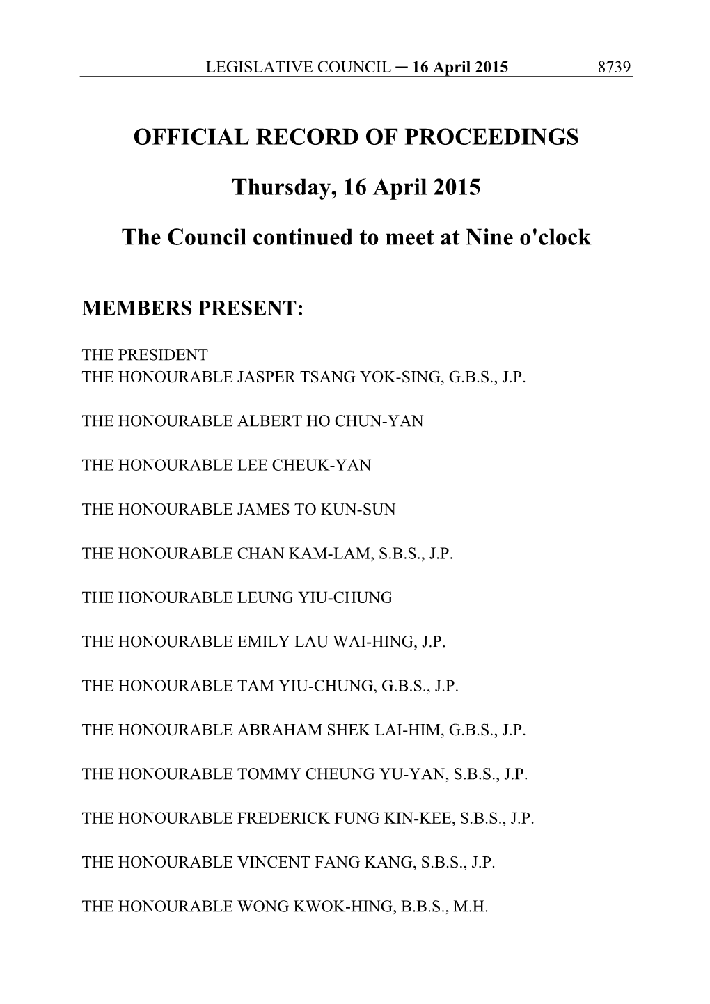 OFFICIAL RECORD of PROCEEDINGS Thursday, 16 April