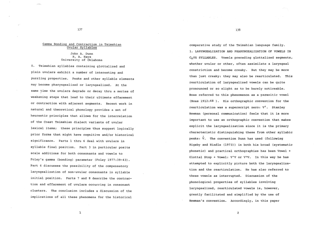 Gamma Bonding and Contraction in Tsimshian Uvular Syllables John A