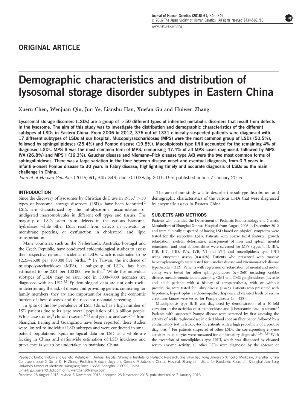 Demographic Characteristics and Distribution of Lysosomal Storage Disorder Subtypes in Eastern China