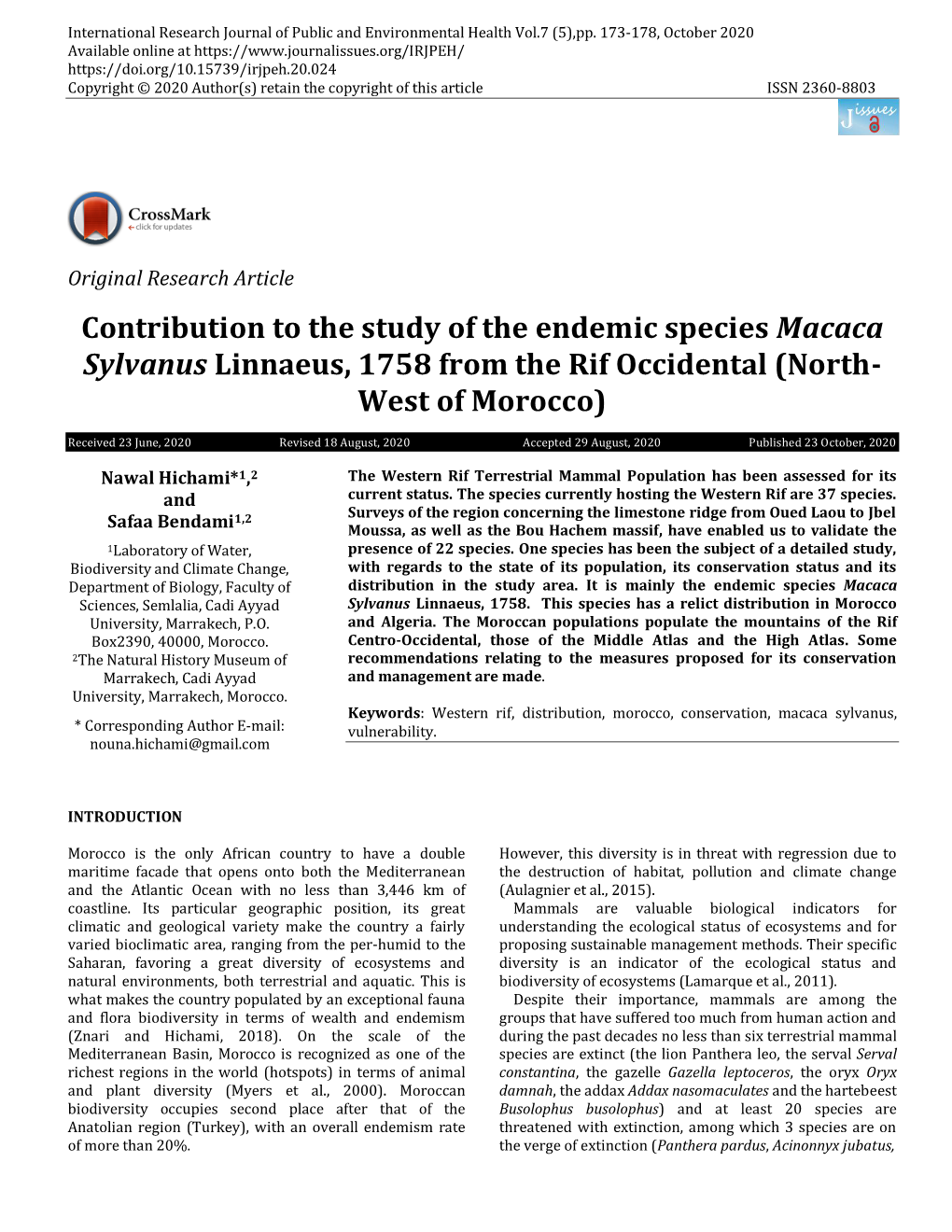 Contribution to the Study of the Endemic Species Macaca Sylvanus Linnaeus, 1758 from the Rif Occidental (North- West of Morocco)