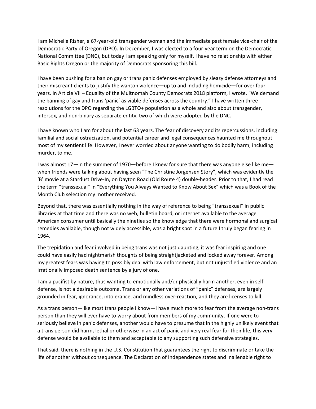 I Am Michelle Risher, a 67-Year-Old Transgender Woman and the Immediate Past Female Vice-Chair of the Democratic Party of Oregon (DPO)