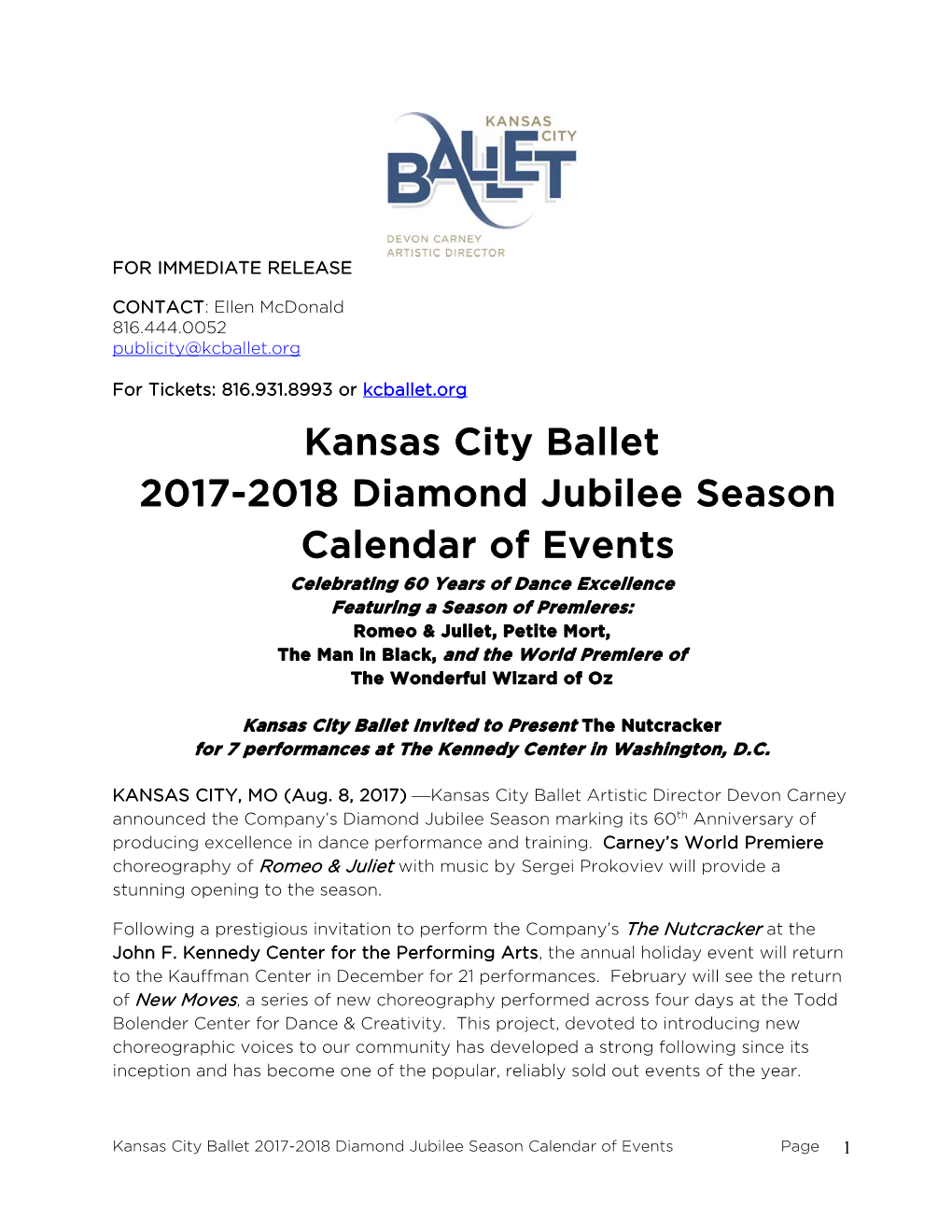 Kansas City Ballet 2017-2018 Diamond Jubilee Season Calendar