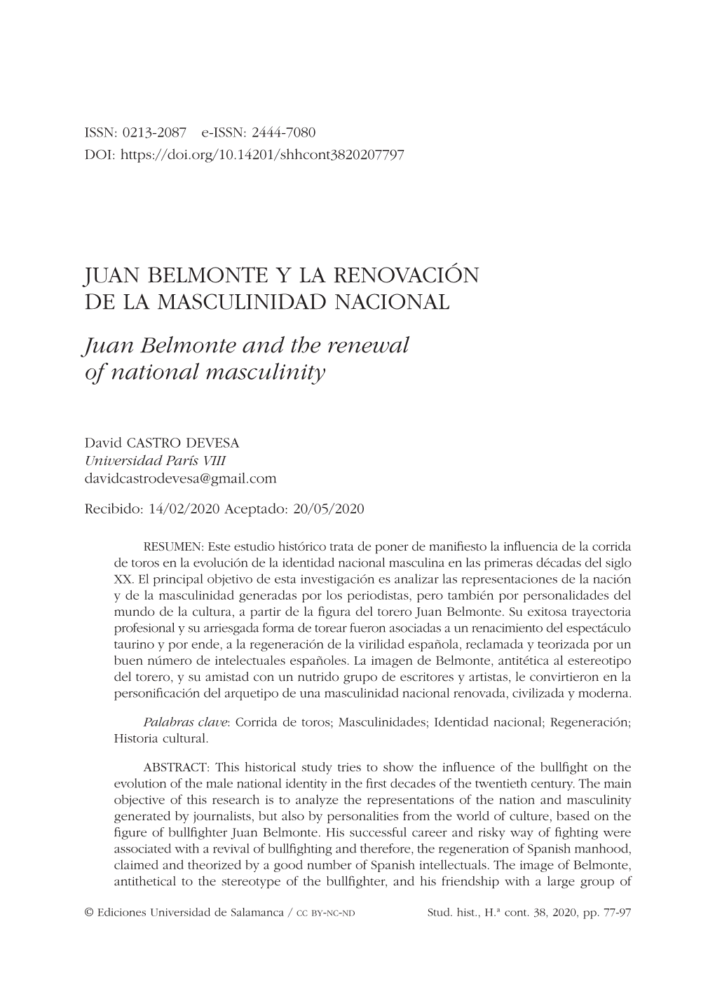 JUAN BELMONTE Y LA RENOVACIÓN DE LA MASCULINIDAD NACIONAL Juan Belmonte and the Renewal of National Masculinity