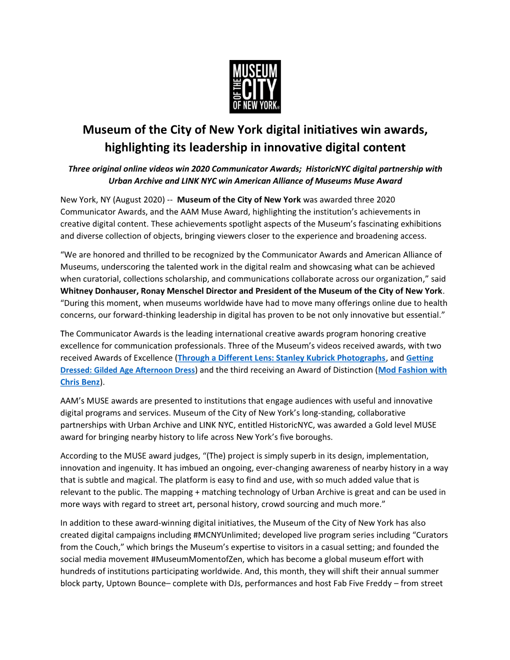 Museum of the City of New York Digital Initiatives Win Awards, Highlighting Its Leadership in Innovative Digital Content