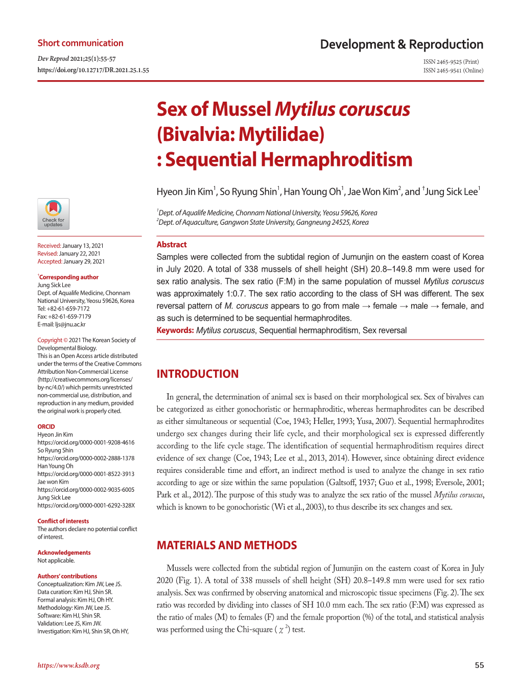 Sex of Mussel Mytilus Coruscus (Bivalvia: Mytilidae) : Sequential Hermaphroditism