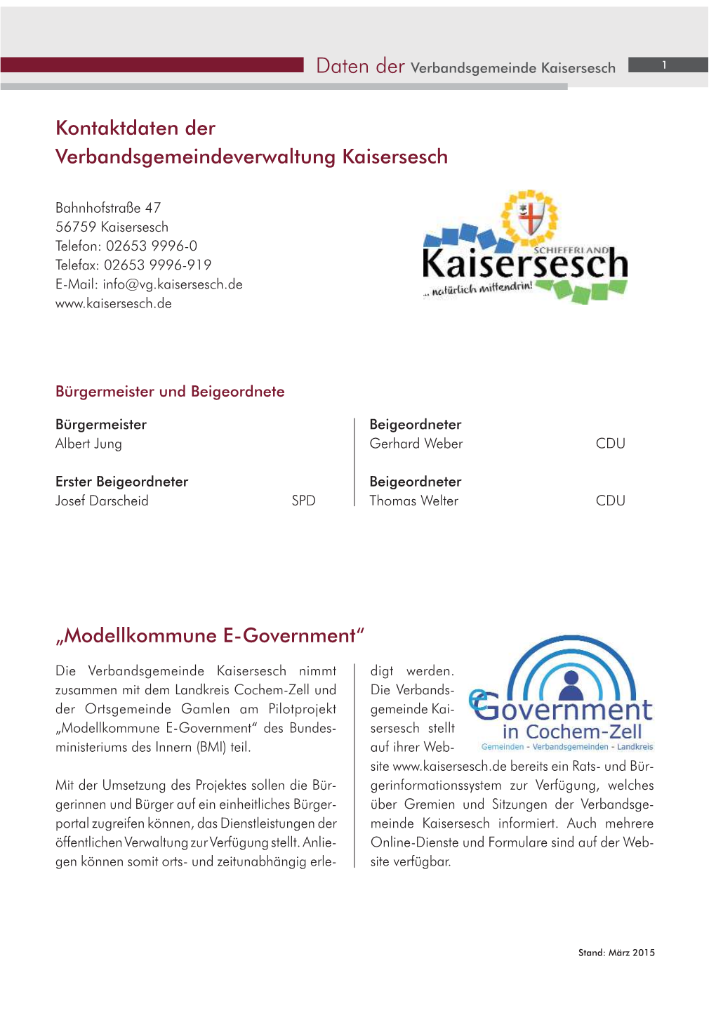 Kontaktdaten Der Verbandsgemeindeverwaltung Kaisersesch