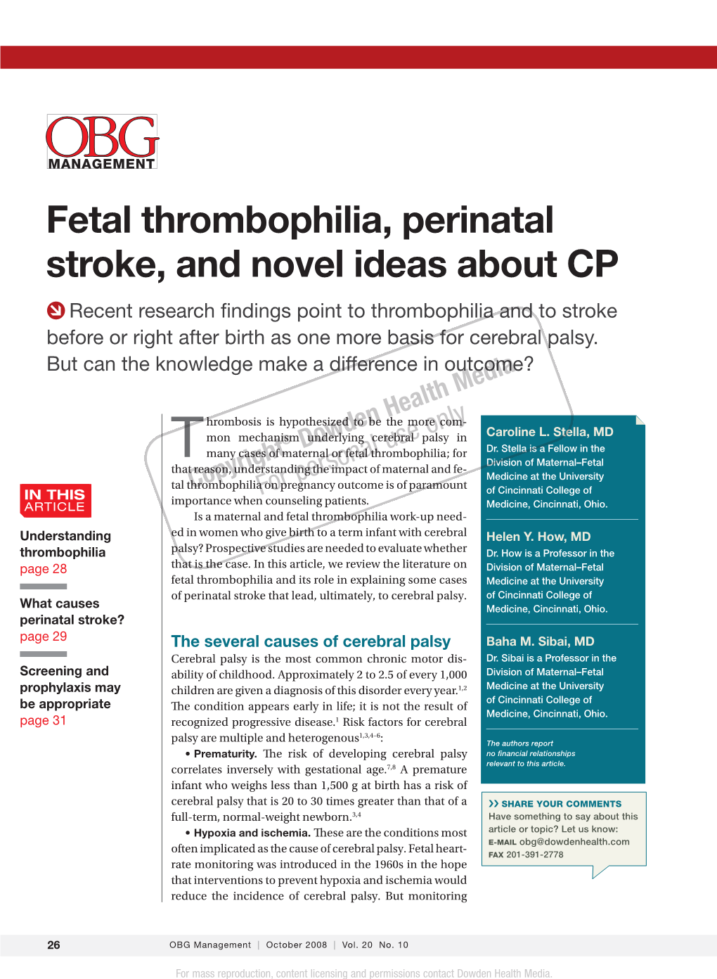 Fetal Thrombophilia, Perinatal Stroke, and Novel Ideas About CP