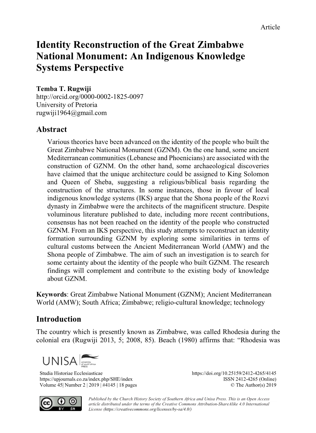 Identity Reconstruction of the Great Zimbabwe National Monument: an Indigenous Knowledge Systems Perspective