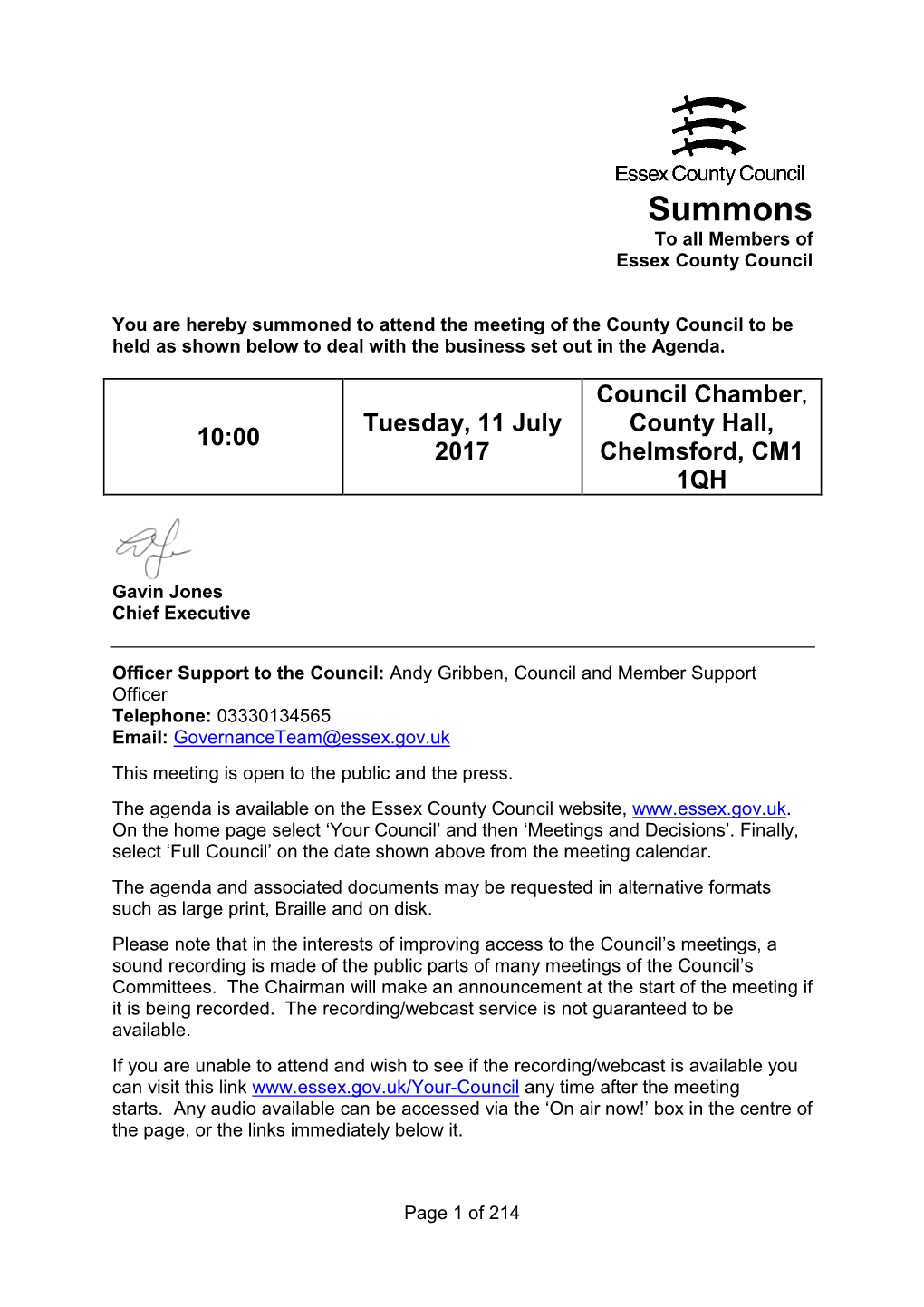 Summons to All Members of Essex County Council