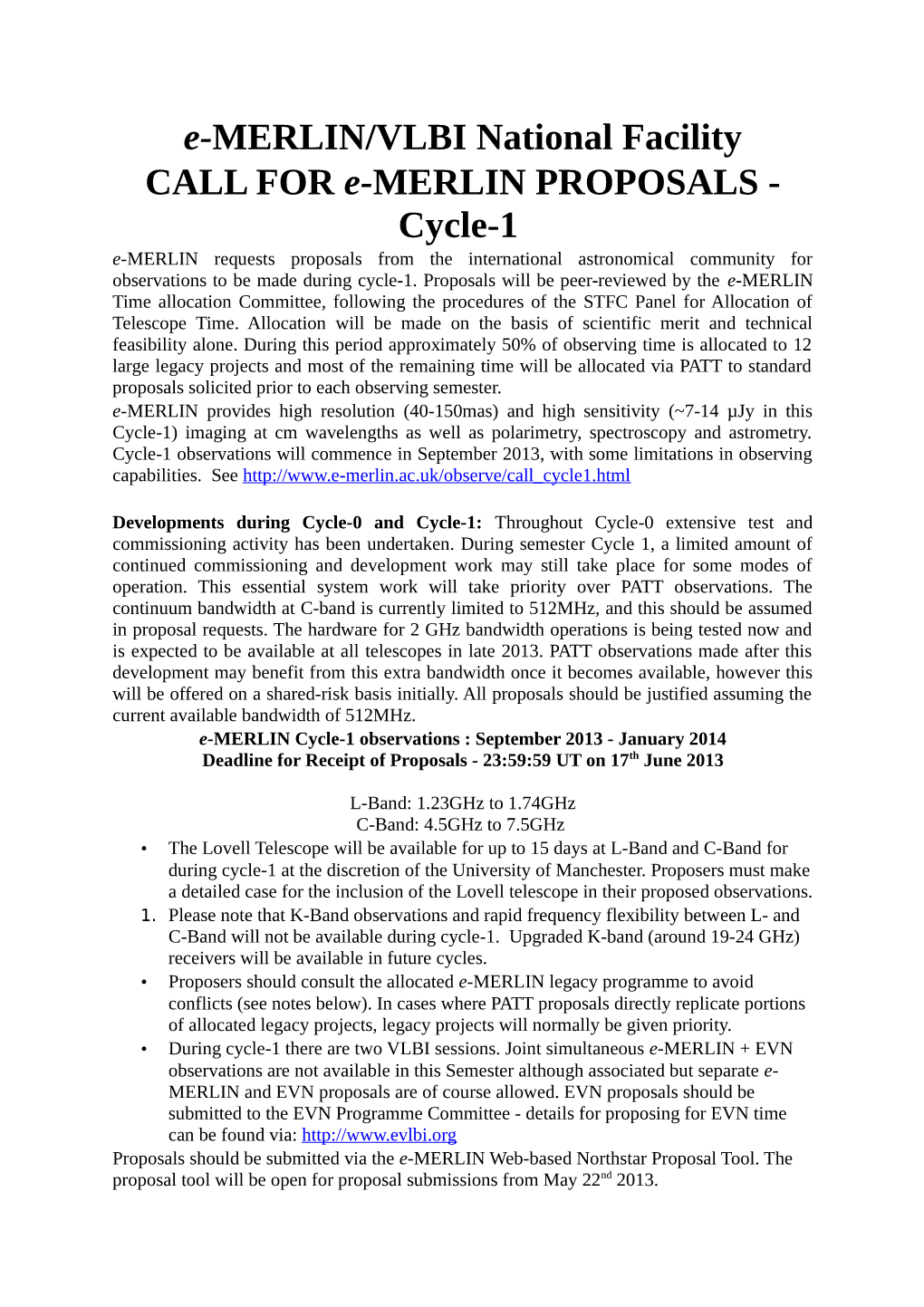 E-MERLIN/VLBI National Facility CALL for E-MERLIN