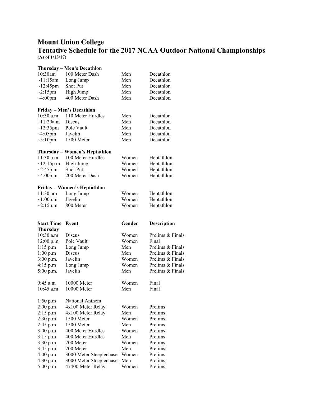 Mount Union College Tentative Schedule for the 2017 NCAA Outdoor National Championships (As of 1/13/17)