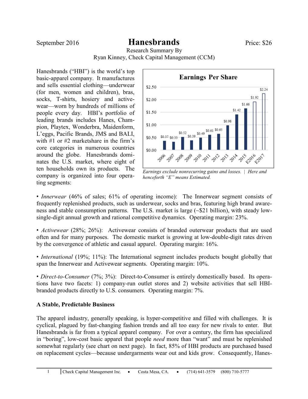 Hanesbrands Price: $26 Research Summary by Ryan Kinney, Check Capital Management (CCM)