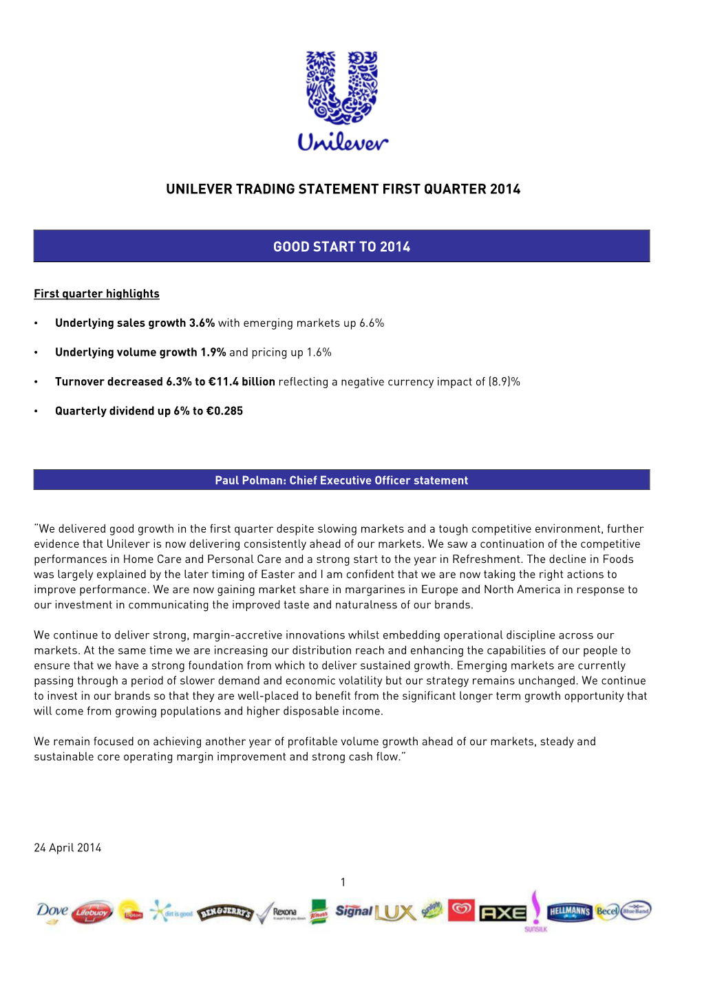 Unilever Trading Statement First Quarter 2014