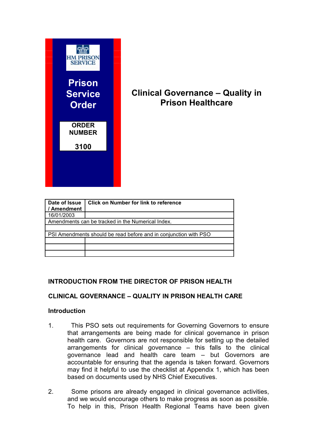 PSO 3100 - Clinical Governance - Quality in Prison Healthcare.Htm