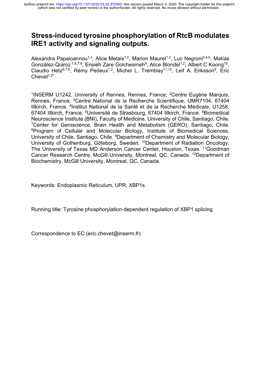 Stress-Induced Tyrosine Phosphorylation of Rtcb Modulates IRE1 Activity and Signaling Outputs