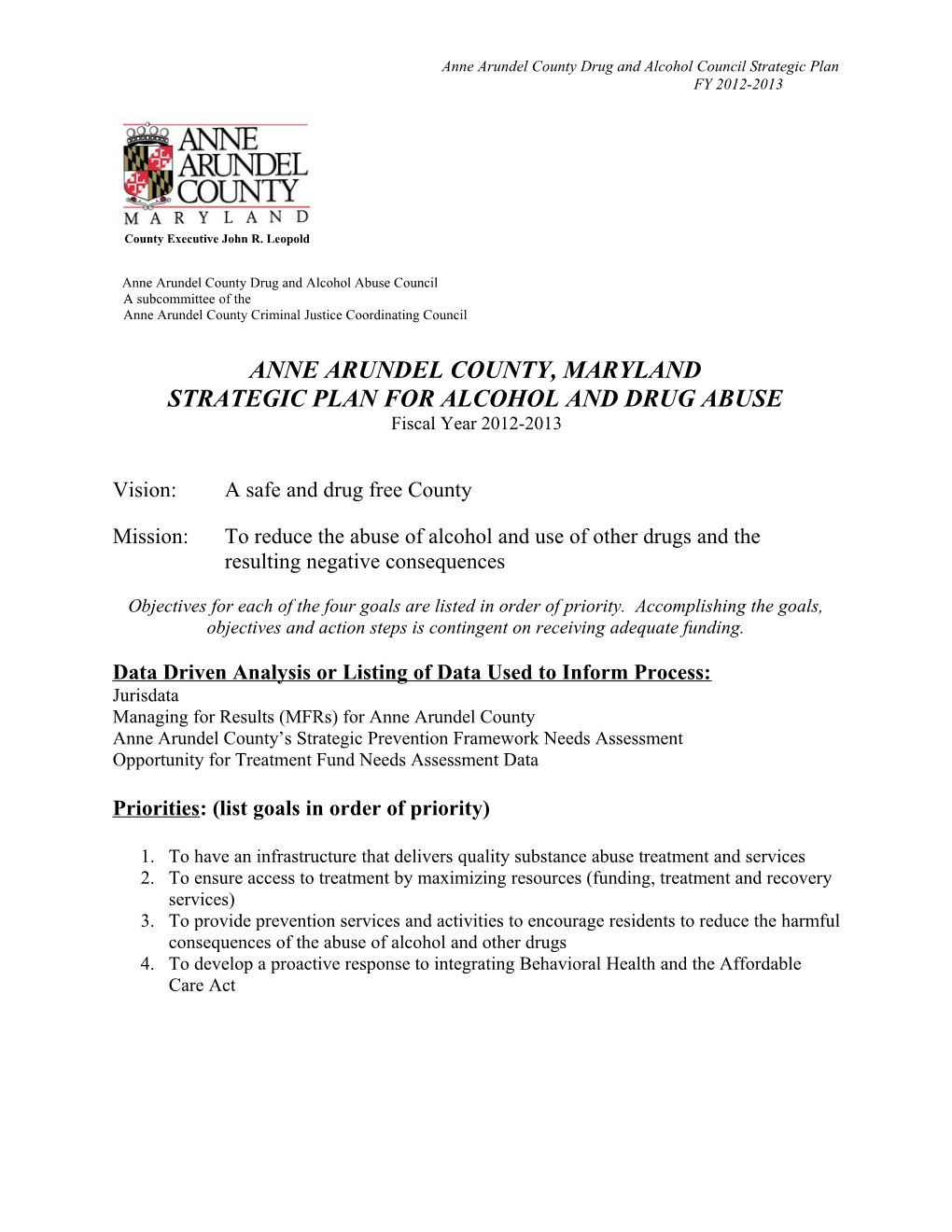 Anne Arundel County Drug and Alcohol Council Strategic Plan