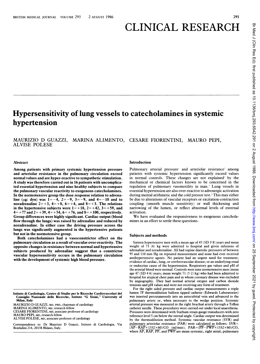 Hypersensitivity of Lung Vessels to Catecholamines in Systemic Hypertension