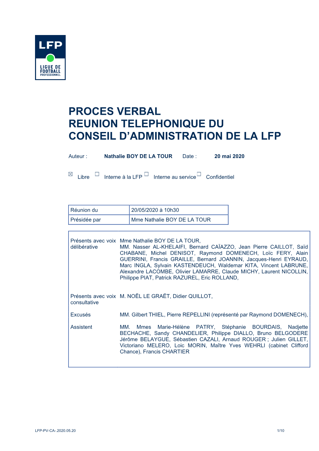 Proces Verbal Reunion Telephonique Du Conseil D’Administration De La Lfp
