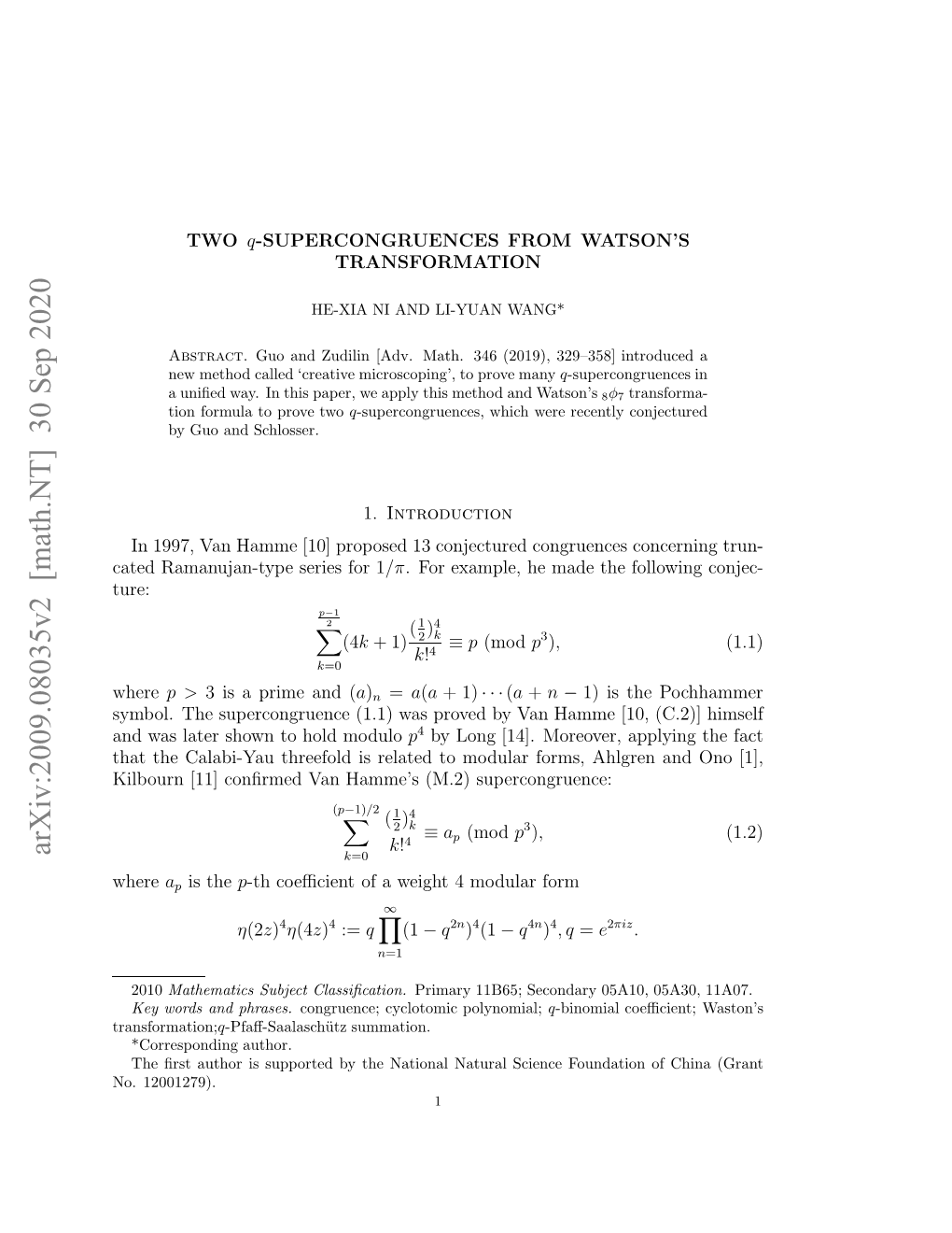 Arxiv:2009.08035V2 [Math.NT] 30 Sep 2020 O 12001279)